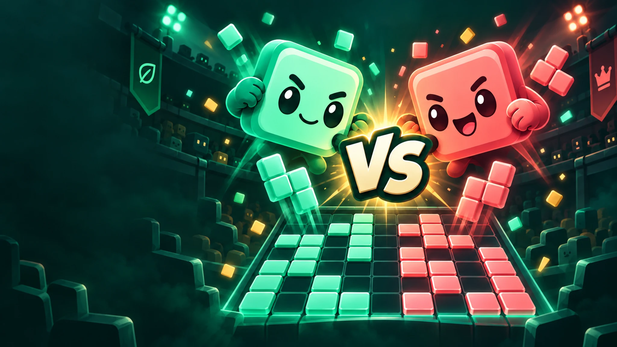 Mint and coral JustBlock rivals facing off above the game board